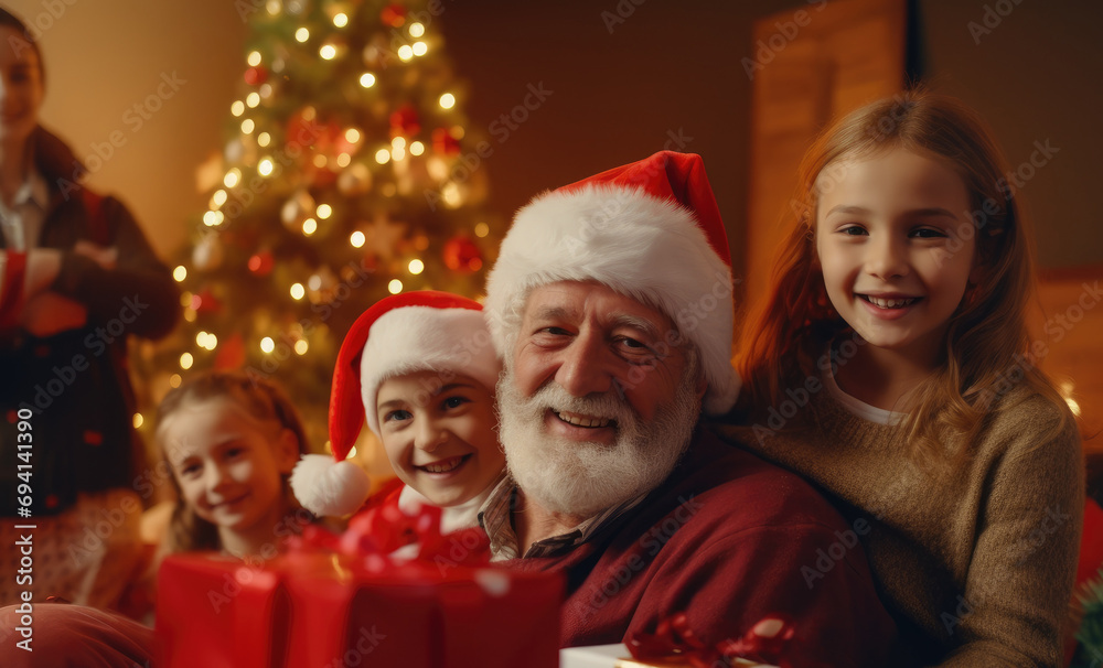 In December, the joyful grandfather and children gather around a Christmas tree In December, the joyful grandfather and children gather around a Christmas tree