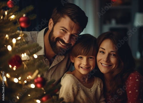 The happy family with children sits in front of the Christmas tree, unwrapping presents.