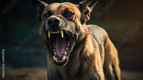 Angry Belgian Malinois Shepherd Dog Growling with Dangerous Teeth, Threatening Protection photo