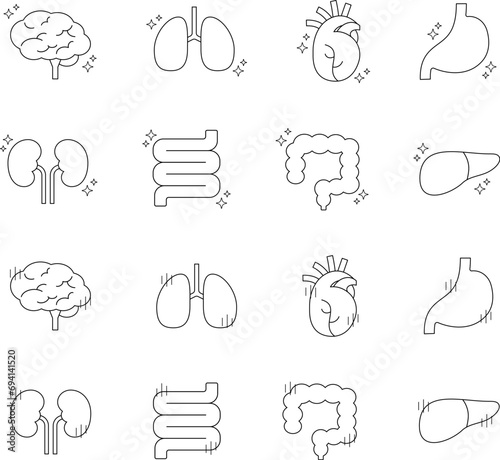 元気な内臓　不調な臓器　イラスト　線画　シンプル　デザイン　健康　脳　肺　心臓　胃　腸管