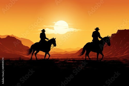 Action-Packed Adventure: Two Cowboys Riding Horseback at Sunset with Mountain Range Background in Silhouette