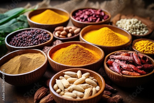 Healthy Superfoods in Colorful Bowls: Turmeric, Cocoa, Beans, and More Antioxidant Powders on Colorful Background