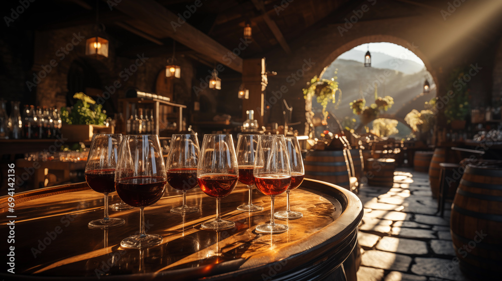 Wine production. Many glasses of red wine arranged, prepared for tasting. Wine production. Many glasses of red wine arranged, prepared for tasting.