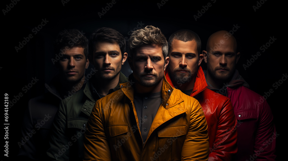 Group of five men in jackets of different colors looking at the camera. Dark background, dramatic view.
