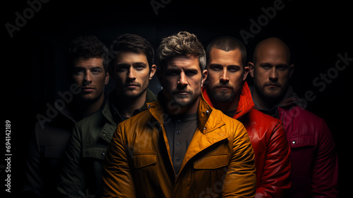Group of five men in jackets of different colors looking at the camera. Dark background, dramatic view.
