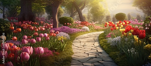 Spring garden with tulips, flowerbeds, and a stone path.