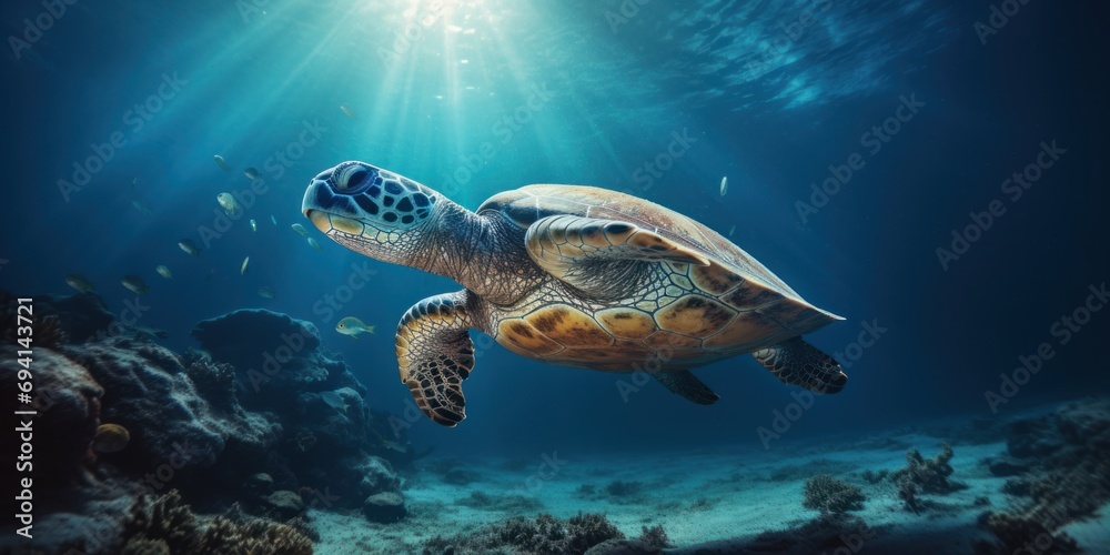 Sea turtle multicolored deep underwater in dirty water. Ocean life, wildlife. Bad ecology, water pollution problem and garbage. Sea turtle multicolored deep underwater in dirty water. Ocean life, wildlife. Bad ecology, water pollution problem and garbage.