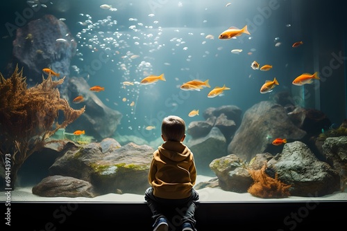 a small child sits while observing fish in a large aquarium © haallArt