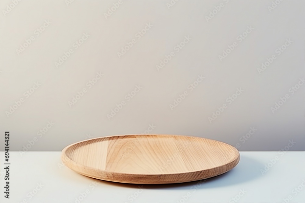 Beige wooden dish on white. Food or product podium. generative ai. Beige wooden dish on white. Food or product podium. generative ai.