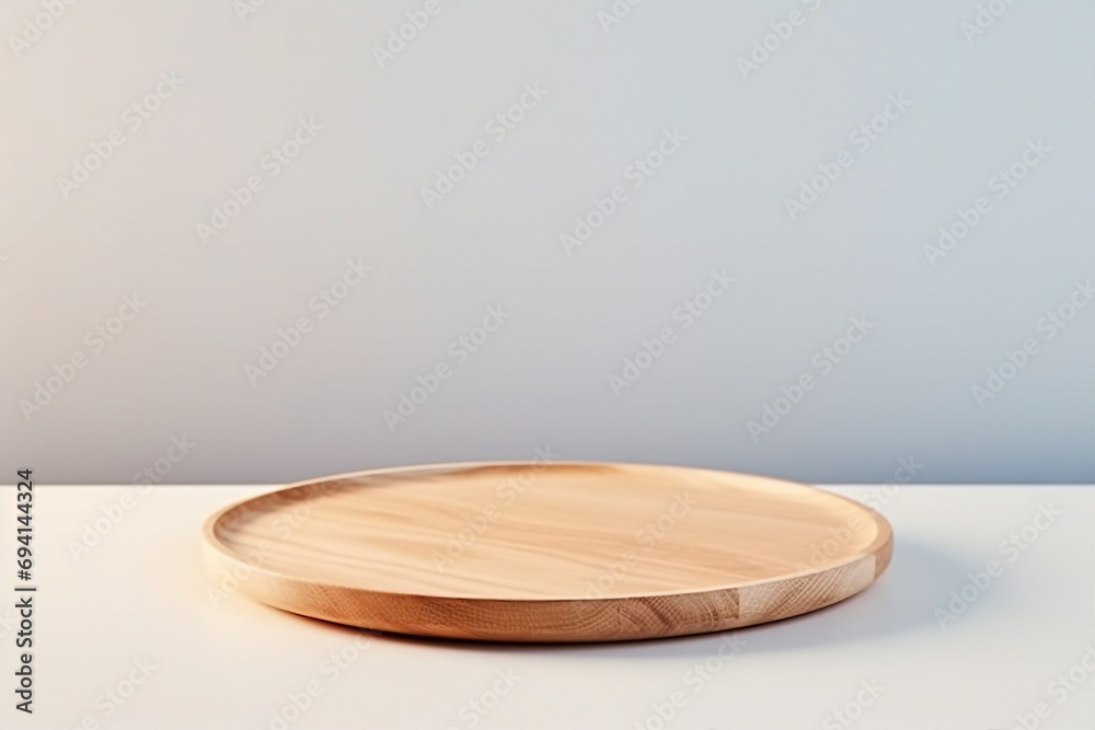 Beige wooden dish on white. Food or product podium. generative ai. Beige wooden dish on white. Food or product podium. generative ai.
