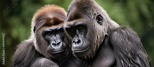 Gorillas grooming together as a pair.