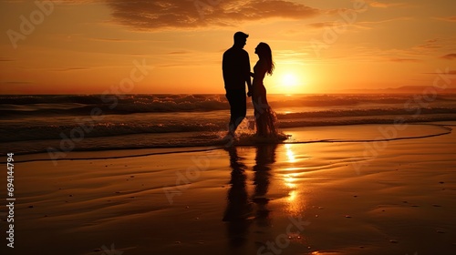 Golden Horizon of Love: Passionate Beach Embrace - Romantic Couple at Sunset. Generative AI