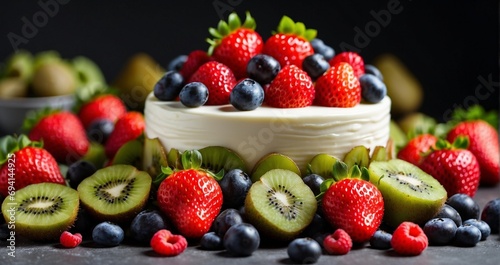 A blank canvas in the center  surrounded by a vibrant array of ripe strawberries  blueberries  and kiwi slices  creating a delicious and visually striking fruit Generative Ai