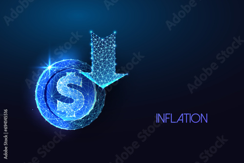 Inflation, economic downturn, financial crisis futuristic concept with dollar coin and down arrow photo