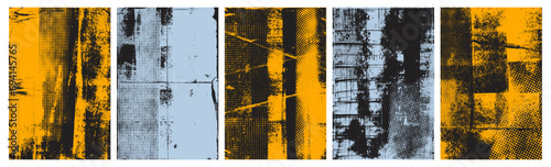 Yellow and blue vector grunge overlay posters with halftone textures.