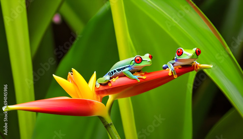 Two red-eyed tree frogs sitting on a heliconia flower