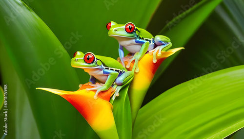 Two red-eyed tree frogs sitting on a heliconia flower