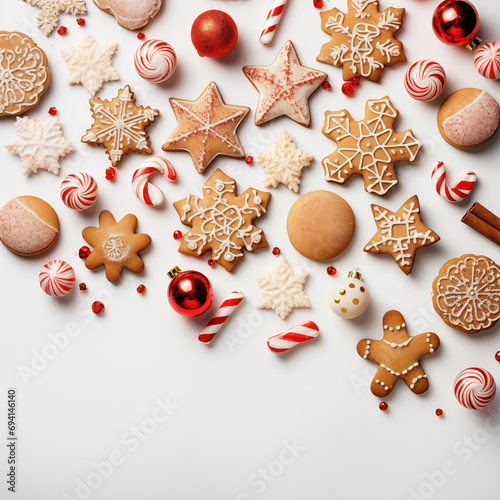 Cute Christmas sweets and cookie table scene. Top view isloated on a white background. Fun holiday baking concept.