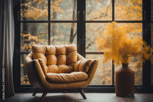Orange armchair and plant in pot near window with view on autumn nature landscape. photo