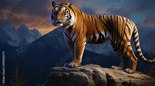 An adult tiger stands on a rock against the backdrop of the evening mountain. generative ai