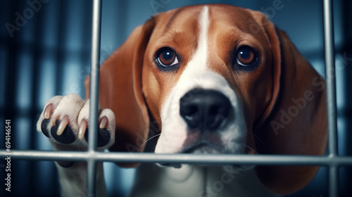 Animal Testing Scared Beagle Dog in Cage. The dog is sitting in a cage. Wire box pets. generative ai