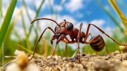 Ant resting on the grass. an ant with dark brown coloring perched. generative ai © Witri
