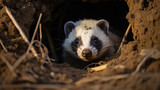 American Badger peeks out of its den. American badger in a hollow log. generative ai