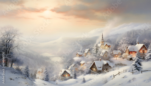 Blick auf ein schneebedecktes Dorf / Winter Poster / Weihnachten Hintergrundbild / Winter Dorf Wallpaper / Ai-Ki generiert