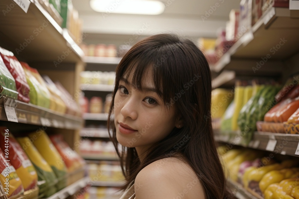 asian woman shopping in the supermarket