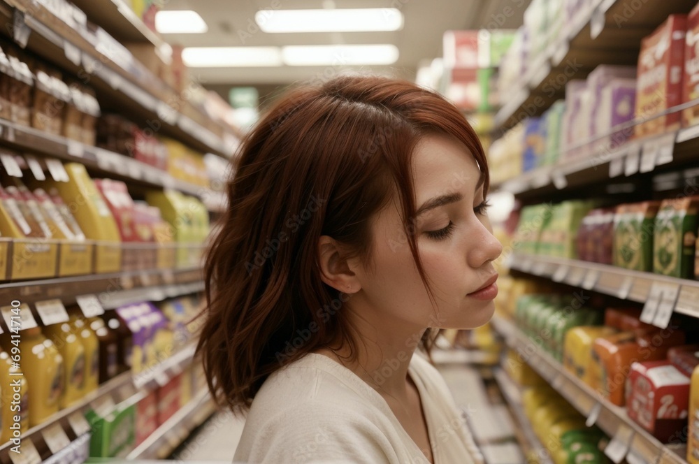 red hair woman shopping in the supermarket