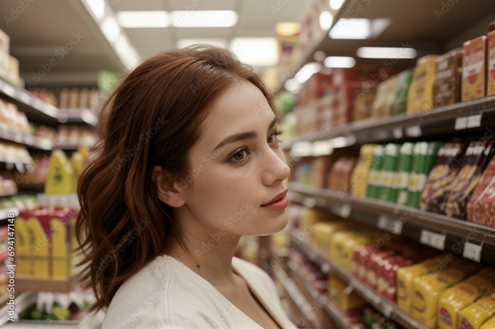 red hair woman shopping in the supermarket