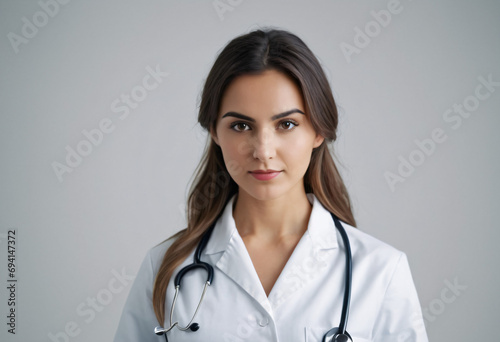 Image of young female doctor smiling and standing on the white isolated background.