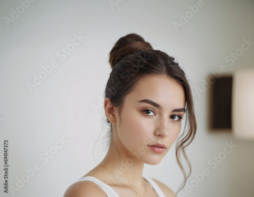 Portrait of authentic woman without makeup, loking at camera, standing cute against white background.