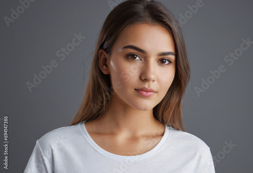Portrait of authentic woman without makeup, loking at camera, standing cute against white background.