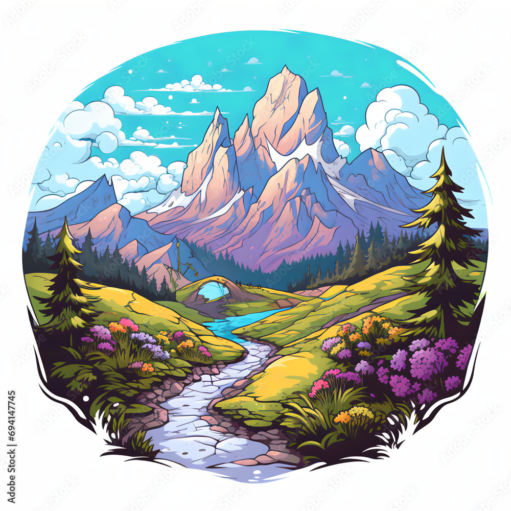 Hand-Drawn RPG Style Landscape Illustration with Bold Lines and Vibrant Colors: A Magical Adventure