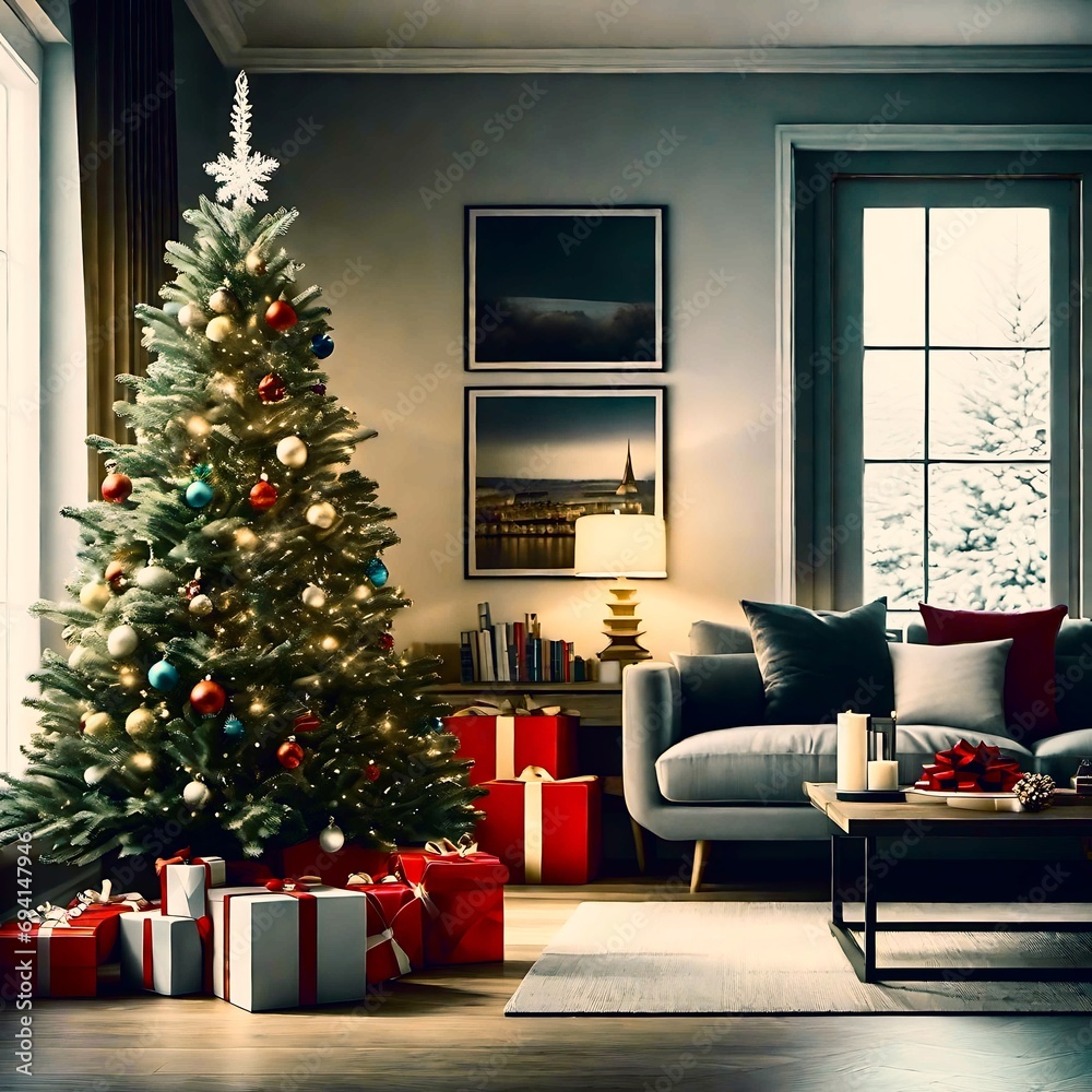 Christmas Tree Present Gift Festive christmas tree. A cozy holiday scene with a beautifully decorated Christmas tree, presents, fireplace, and comfortable seating Christmas Tree Present Gift Festive christmas tree. A cozy holiday scene with a beautifully decorated Christmas tree, presents, fireplace, and comfortable seating