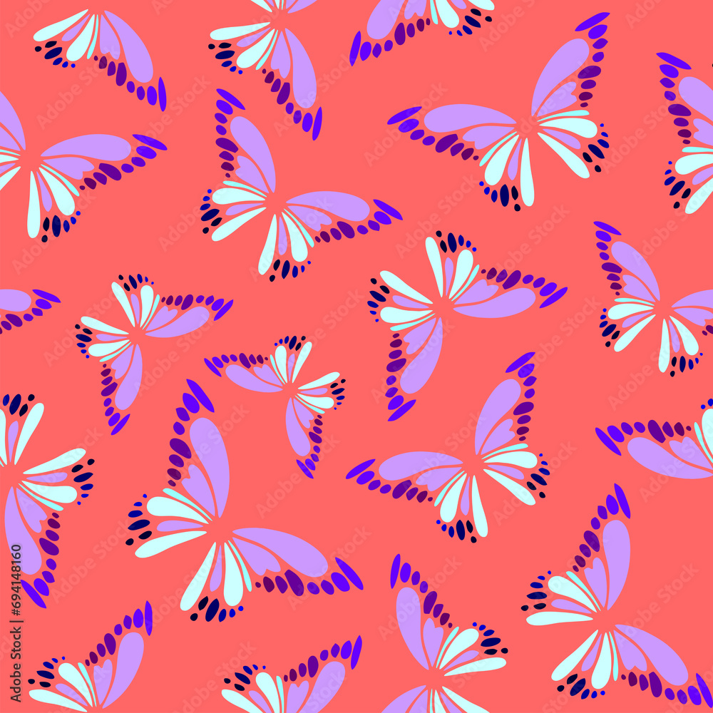 seamless pattern of blue-violet decorative butterflies on a pink background, texture, design