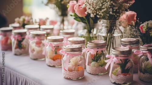 Charming wedding favors  Fragrant dried flowers in adorable glass bottles  delightful tokens of appreciation to share on the joyous occasion of a wedding celebration.