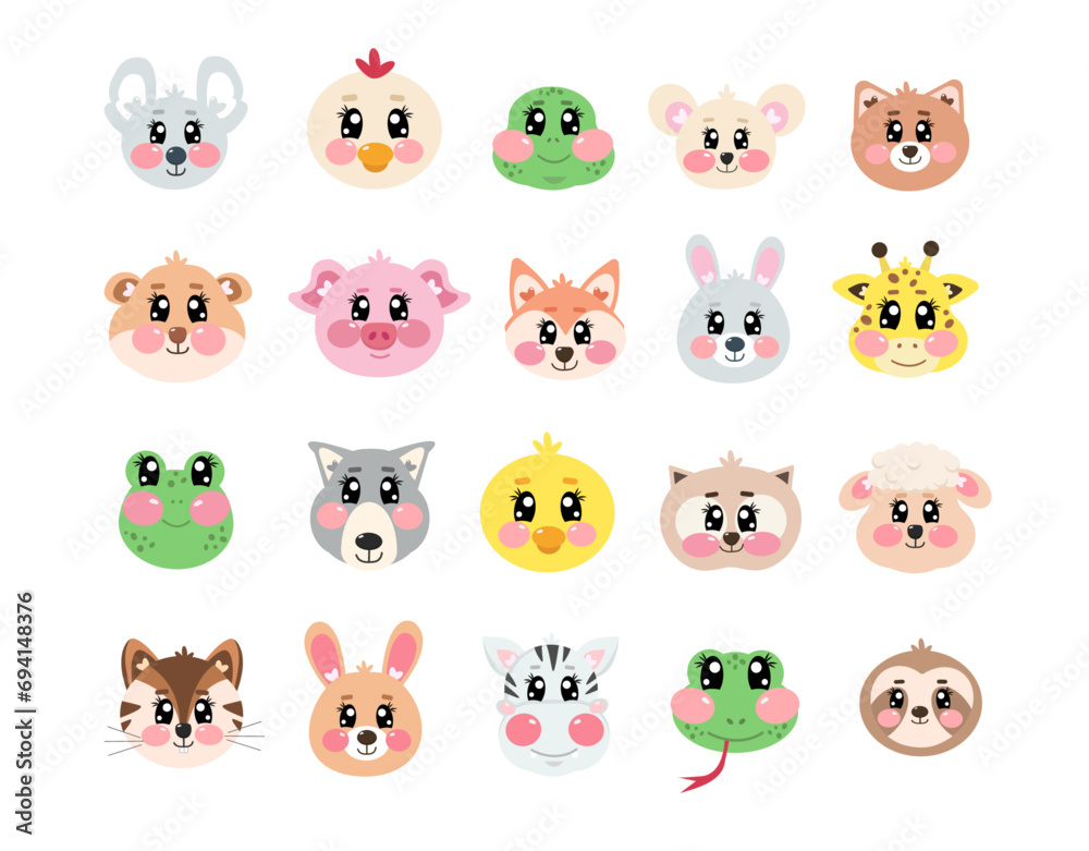 Vector set, collection of cute head, face animals on white isolated background. Happy fun joy face kawaii zoo pets