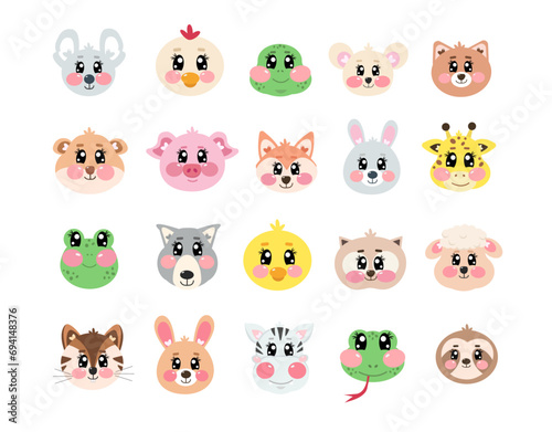Vector set  collection of cute head  face animals on white isolated background. Happy fun joy face kawaii zoo pets