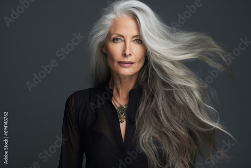 portrait of an elderly woman/model with long silver grey hair in close up for aging senior hair growth care salon beauty editorial advertisement magazine style portra film look  photo