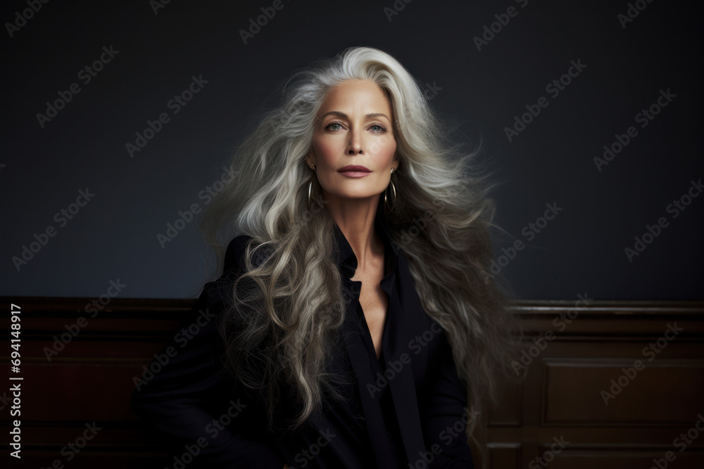 portrait of an elderly woman/model with long silver grey hair in close up for aging senior hair growth care salon beauty editorial advertisement magazine style portra film look portrait of an elderly woman/model with long silver grey hair in close up for aging senior hair growth care salon beauty editorial advertisement magazine style portra film look