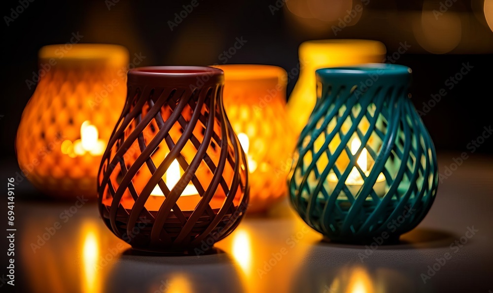 Radiant Ambiance: Trio of Twig Candle Holders in Deep Teal and Rich Yellow Hues
