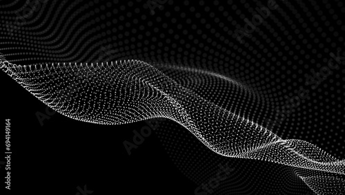 Digital dynamic wave with dots on the dark background. The futuristic abstract structure connection. Big data visualization. 3D rendering.