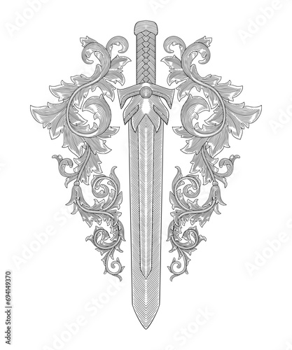 antique sword with ornament, vintage engraving drawing style illustration
