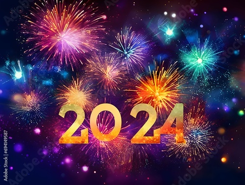 Card, illustration, graphic with a firework shot and with the inscription 2024 to celebrate the new year.