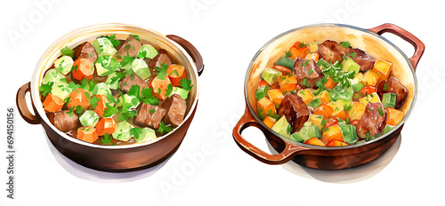 Meat stew with veal, Patrick's day, watercolor clipart illustration with isolated background.
