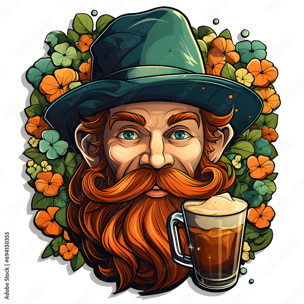 St. Patrick's Day leprechaun. Leprechaun with a beer, clovers and flowers in green and orange colors. Sticker style, isolated on white or transparent background.