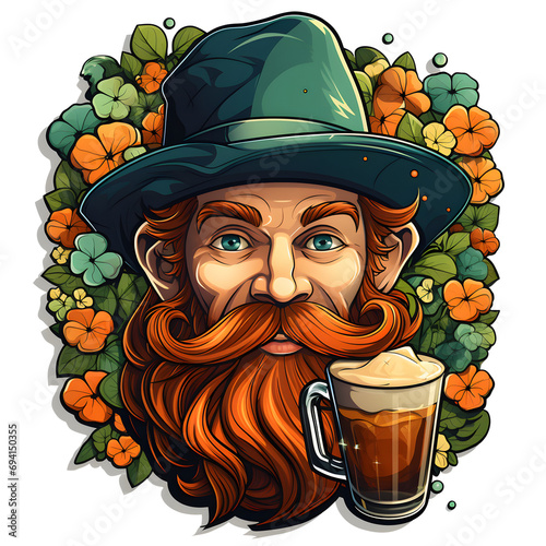 Obraz na płótnie St. Patrick's Day leprechaun. Leprechaun with a beer, clovers and flowers in green and orange colors. Sticker style, isolated on white or transparent background. w salonie