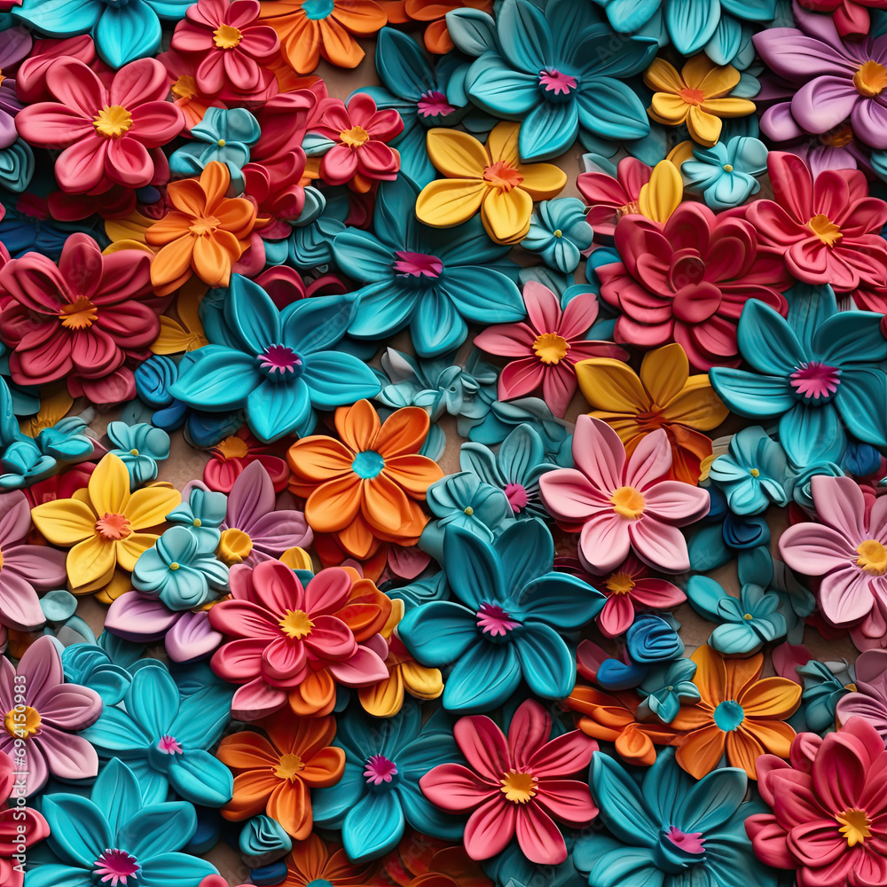 Top view on bright colorful red, blue, pink, yellow, purple flowers. Creative spring background